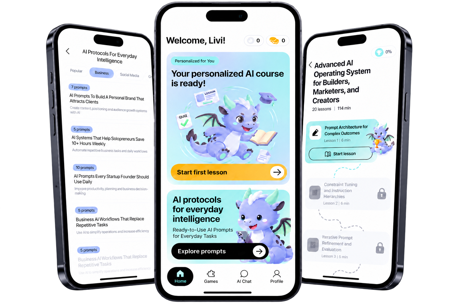 Three iPhones showing Livi Academy personalized courses, AI prompts, and lessons