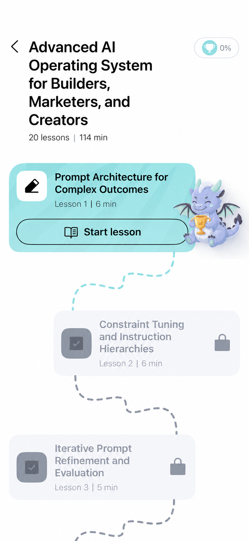 Personalized AI learning path with 20 lessons, practical prompting exercises, and progress tracking